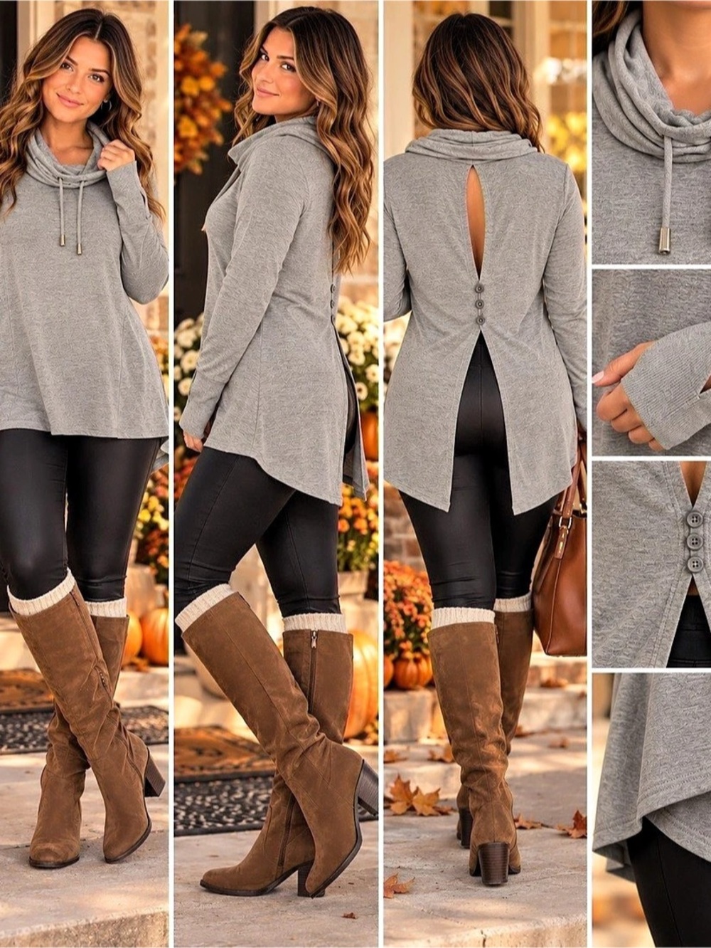 Cable & Gauge Gray Cowl Neck Tunic Sweater Small Open Back Button Detail